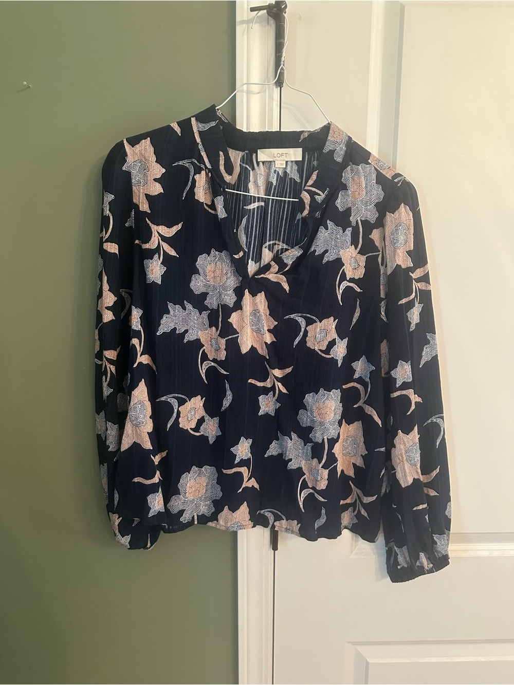 LOFT Navy Floral V-Neck Long Sleeve Blouse with Pale Pink & Light Gray Flowers